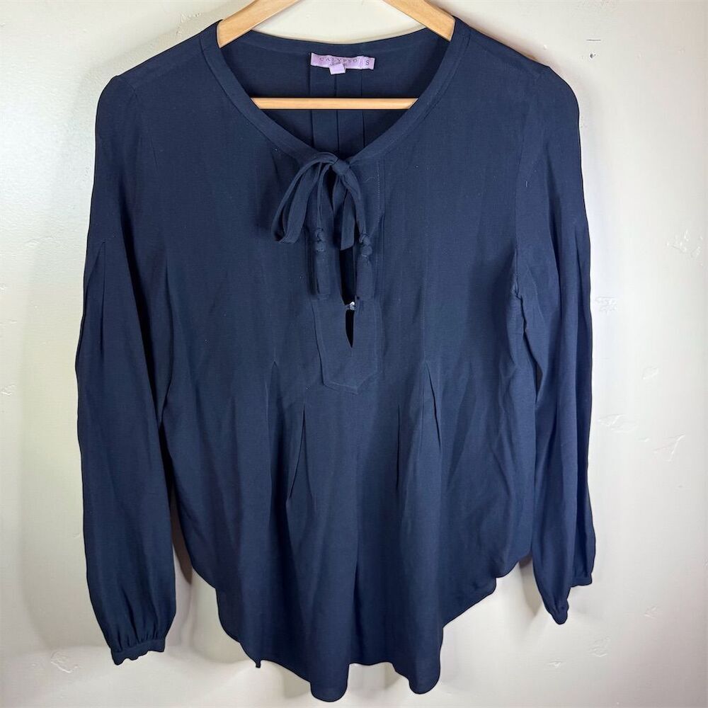 Calypso Women's Black Silk‎ Long Sleeve Tie Neck Blouse Size Small Office Modest